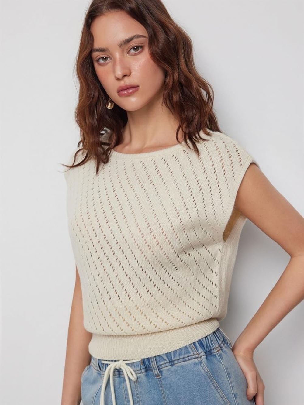 Women's Ivory Knit Cap-Sleeve Waistband Tunic Top